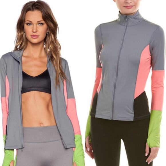 SPANX Athletic Mod Bod Jacket Colorblock Gray Pink Green Sz L {QQ47} - Picture 1 of 5